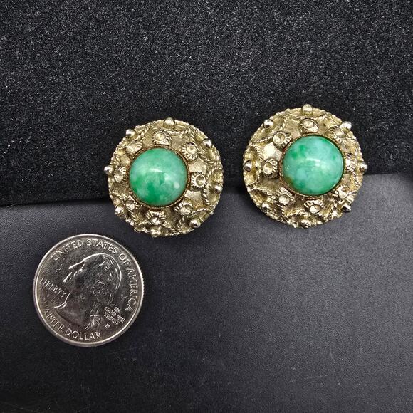Vintage Peking Glass Clip On Earrings Gold Tone Round Circle - Picture 6 of 7
